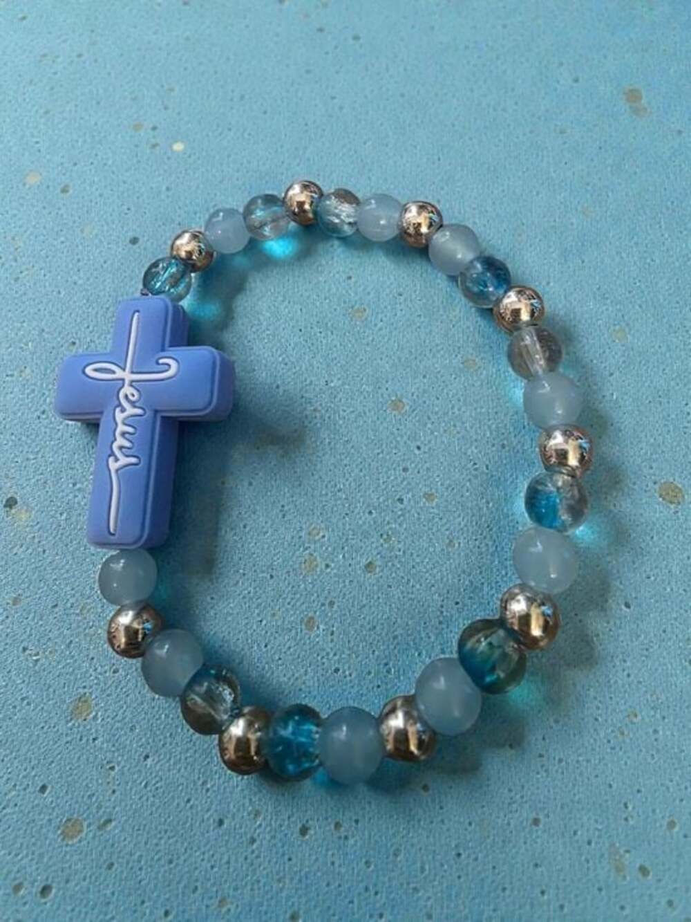 Handmade Blue Cracked Glass Beaded Cross Bracelet Silver Tone